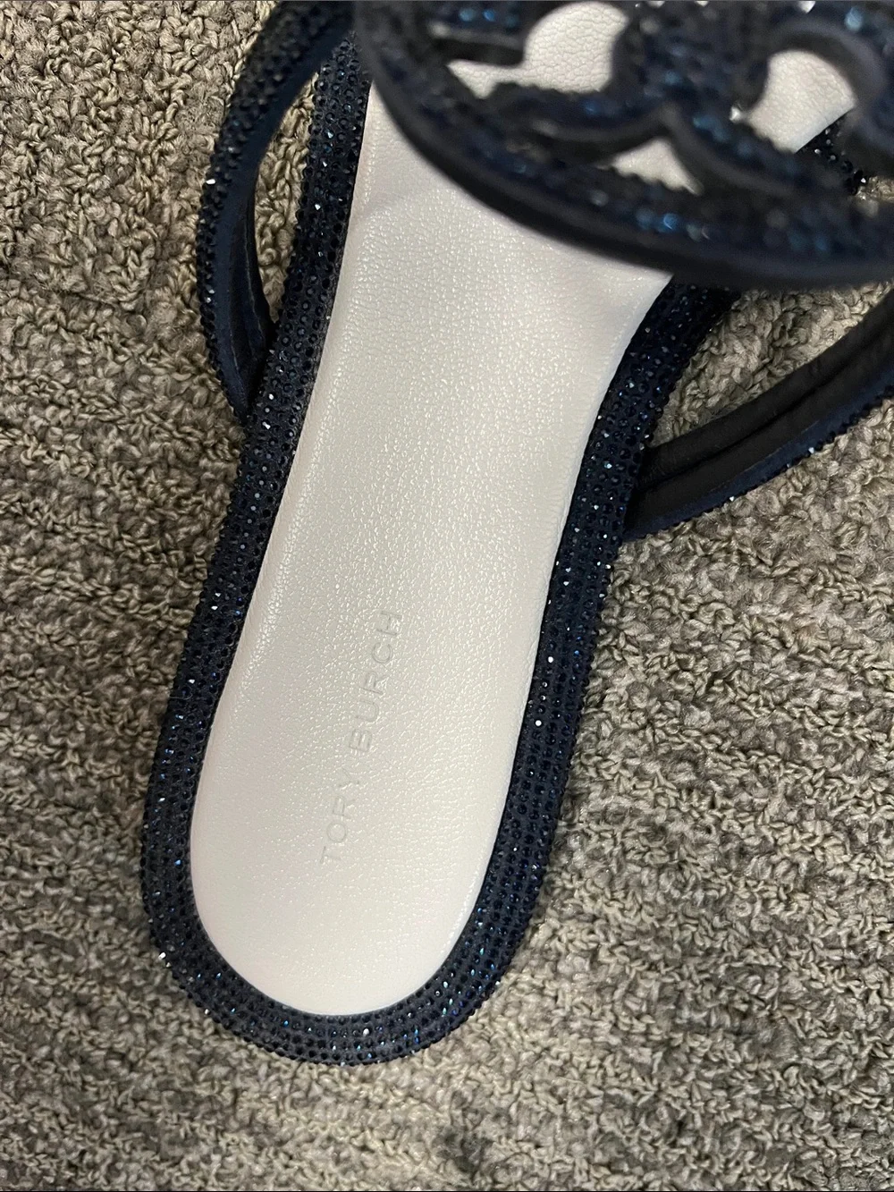 Tory Burch Navy rhinestone Miller Thong Sandals with White Footbed. VG condition